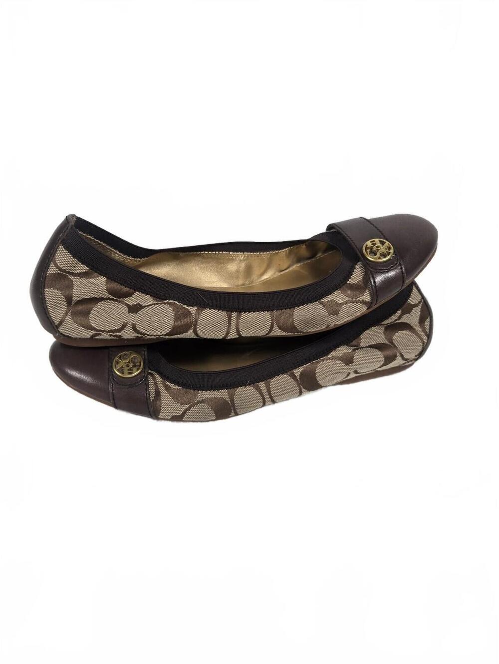 COACH Chelsey Signature Canvas Ballet Flats Cap Toe Brown Khaki Size 8.5 B EU